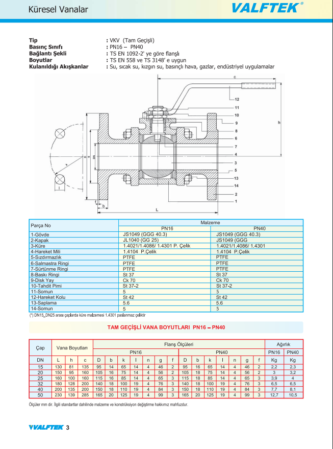 Valftek DN40 PN16 Flanşlı Tam Geçiş 3 Parçalı Küresel Vana