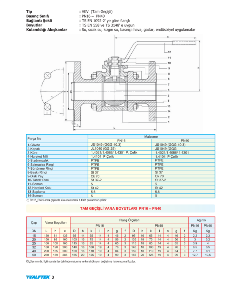 Valftek DN65 PN16 Flanşlı Tam Geçiş 3 Parçalı Küresel Vana