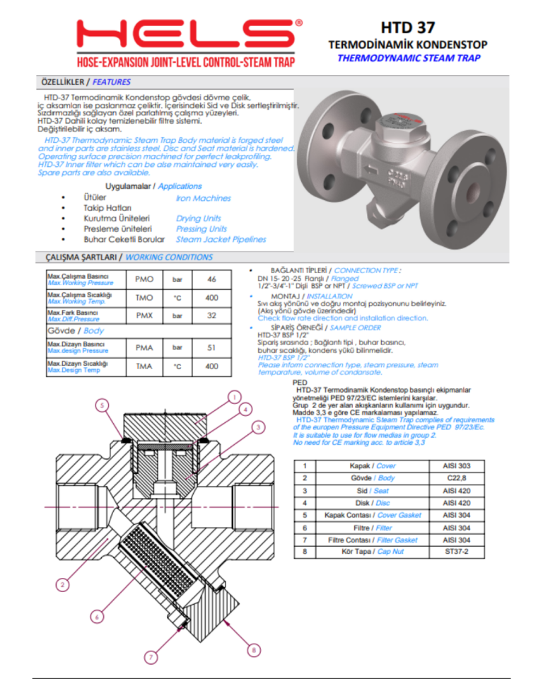 3/4'' HTD37D Dişli Termodinamik Kondenstop – 46 Bar  Paslanmaz Çelik
