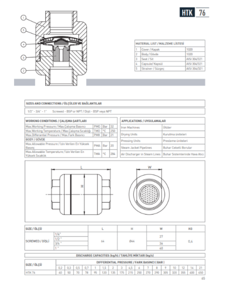 3/4'' HTK76D Dişli Termostatik Kondenstop – 32 Bar Paslanmaz Çelik