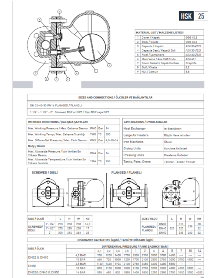 11/4'' HSK25D Dişli Şamandralı Kondenstop 16 Bar Sfero Döküm