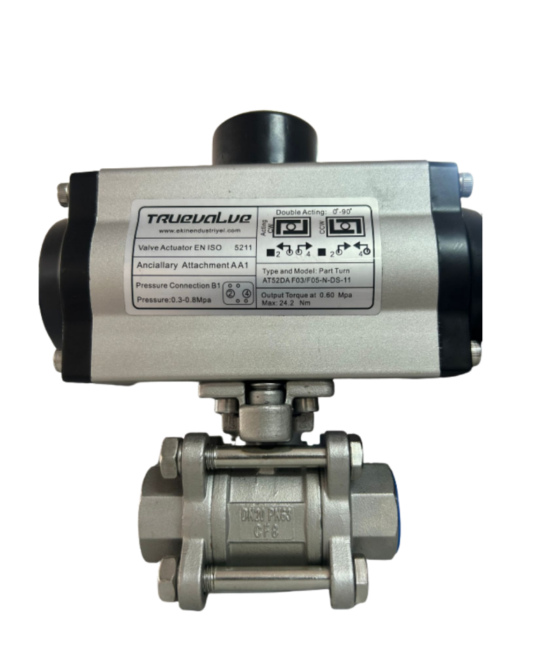 1''   3 Parçalı Paslanmaz Çift Etkili Pnömatik Aktüatörlü Küresel Vana