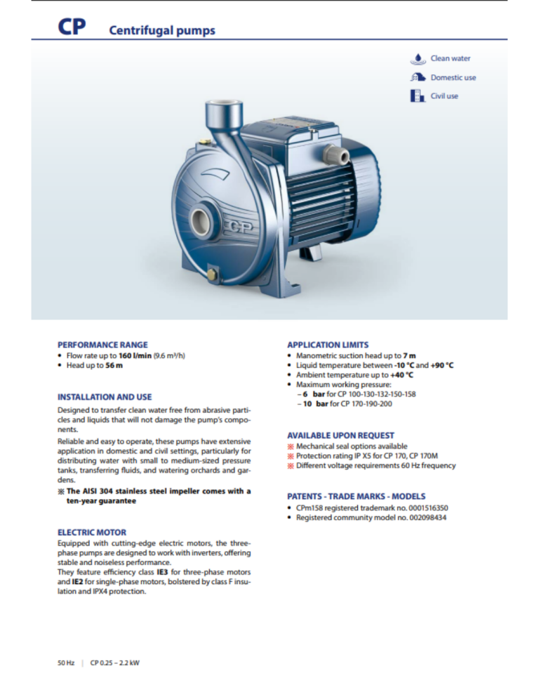 Pedrollo CP 158 Tek Fanlı Santrafüj Pompa Trifaze 380 Volt 36 mss 5.4 m³/h