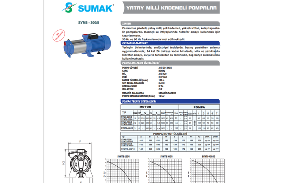 Sumak SYM 8-220/6 Yatay Milli Kademeli Pompa Monofaze (220V) 2.2HP