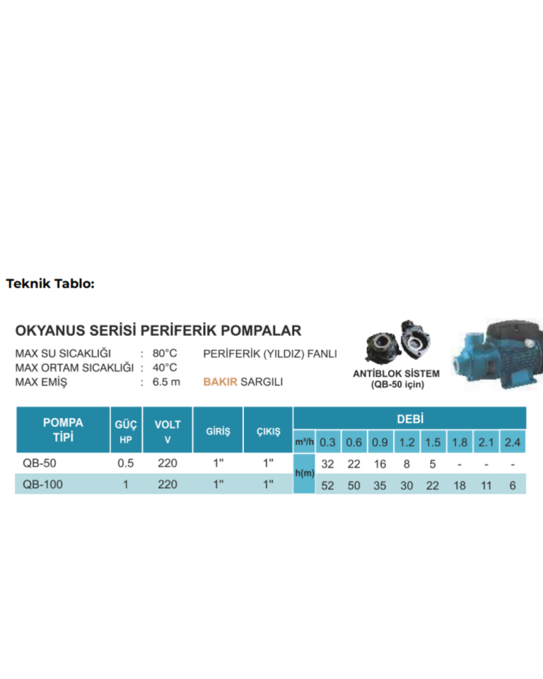Kresmak Atlantis Blu QB 100 Okyanus Serisi Preferikal Sürtme Fanlı Pompa