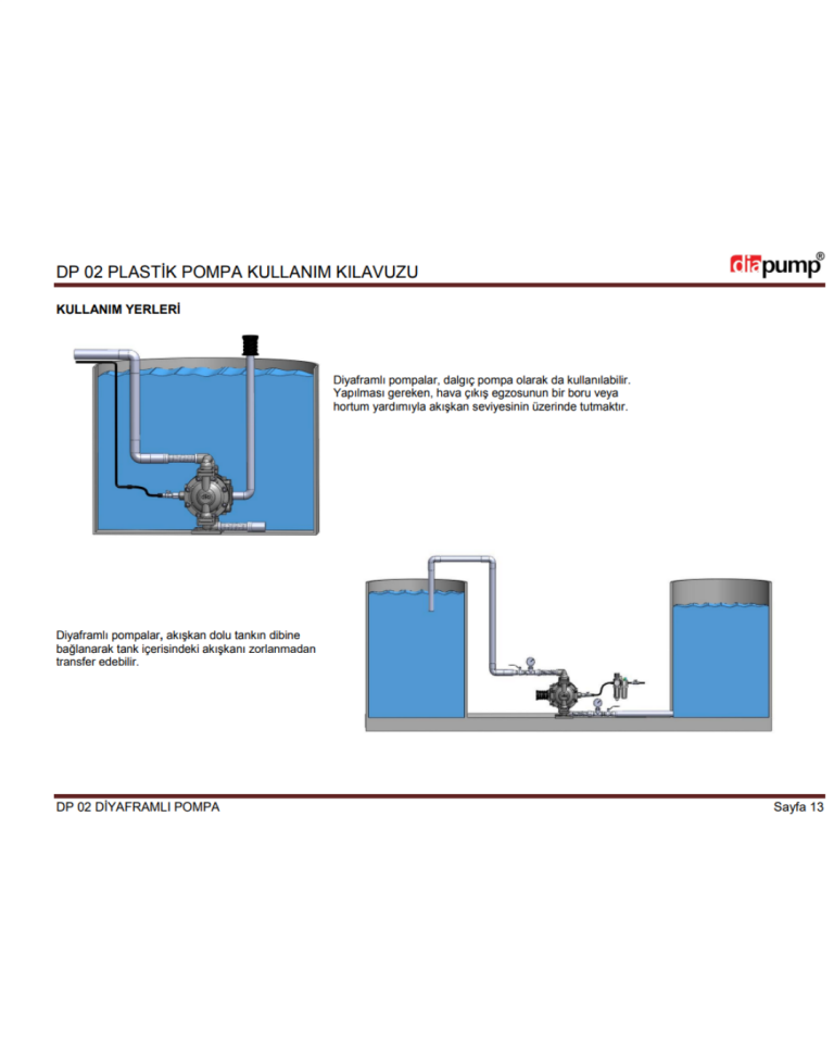 DP 02 PP-T Plastik Diyaframlı Pompa Plastik Polipropilen Gövde Teflon Diyaframlı Havalı Pompa 16 Lt/Dk 70 Mss 7 Bar 1/4 inch
