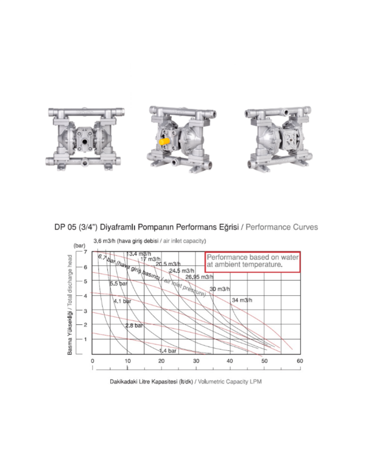 DP05X AL-N Alüminyum Gövde Teflon Diyafram  Neoprene Toplu   Diyaframlı Havalı Pompa 57 Lt/Dk 84 Mss 8,4 Bar 3/4''  inch