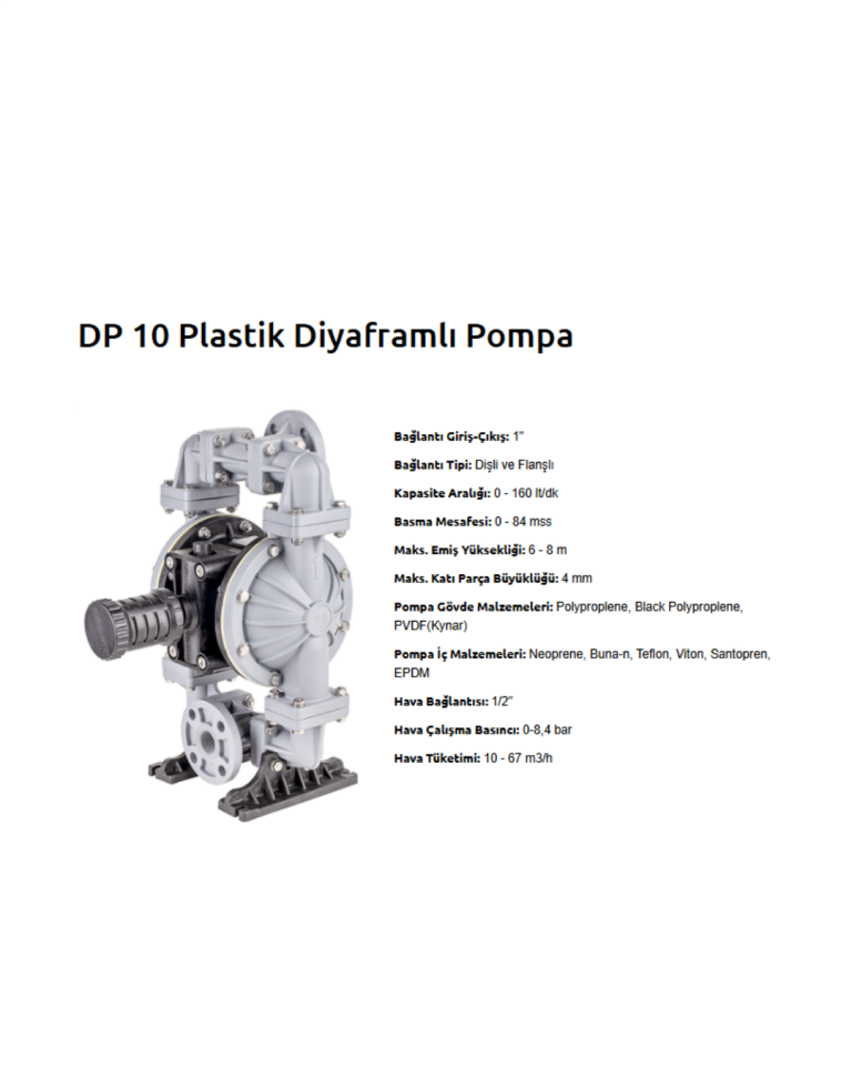 DP 10 PB-S Plastik Diyaframlı Pompa Plastik Siyah Polipropilen Gövde Santoprene Diyaframlı Teflon Toplu  Havalı Pompa 160 Lt/Dk 84 Mss 8,4 Bar 1/2 inch Hava Girişli