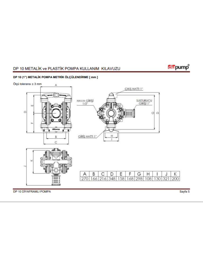 DP 10 PVDF-T Teflon Gövdeli Diyaframlı Pompa Teflon Gövde Teflon Diyaframlı Teflon  Toplu  Havalı Pompa 160 Lt/Dk 84 Mss 8,4 Bar 1/2 inch Hava Girişli